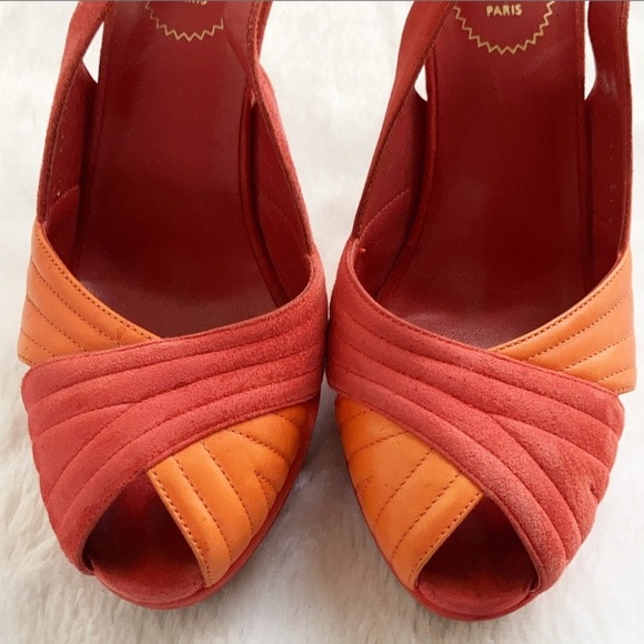 YSL Logo Palais 105 Orange and Coral Slingback Platform Heels, size 37.5 - Picture 4 of 11